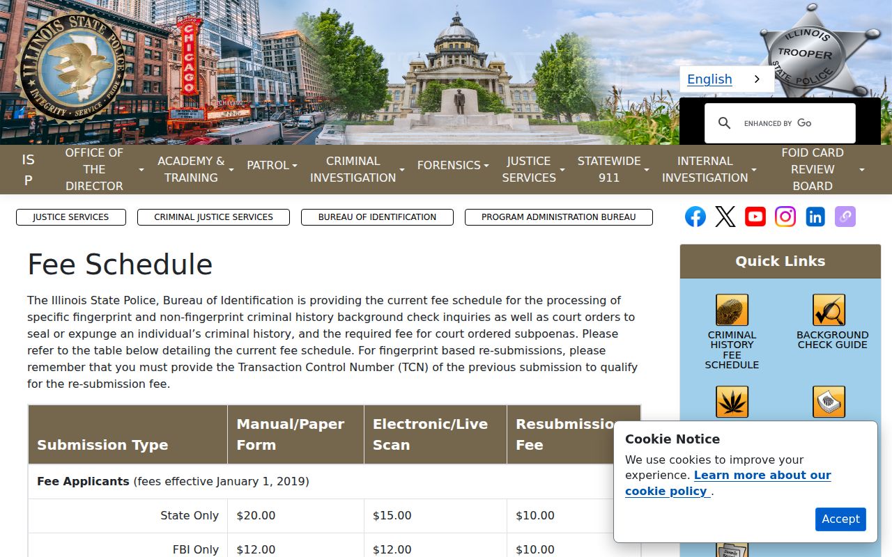 Stephenson County criminal record Illinois State Police fee schedule